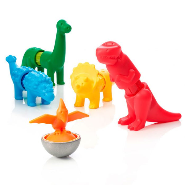 Colorful Smart Games My First Dinosaurs Magnetic Toy gathered around a bowl with an orange substance spilling out.