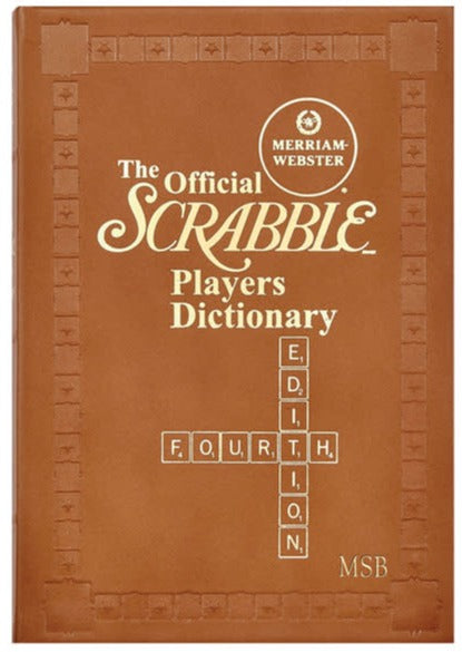 Cover of "Scrabble Dictionary Leather Book" by Graphic Image, featuring crossword-style lettering on a rich brown background.