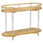 The Acrylic and Rattan Console by Selamat features two tiers with bamboo and clear acrylic construction, rounded edges, inlaid design, open sides supported by four vertical rods for Sea Cliff-inspired elegance.