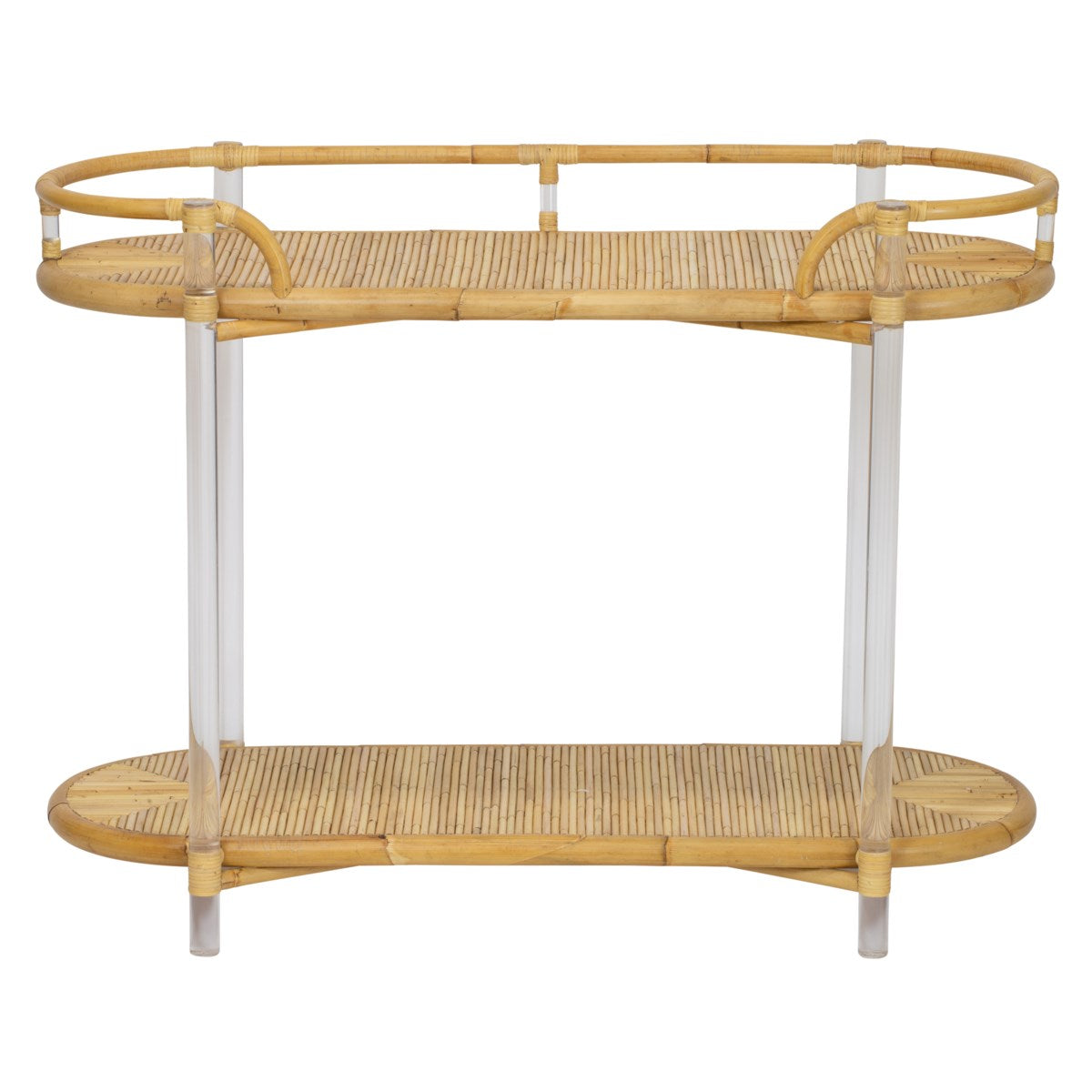 The Selamat Acrylic and Rattan Console combines bamboo, wood, and a curved frame with a hint of Sea Cliff design. It has oval shelves, vertical supports, and refined inlaid rattan details.
