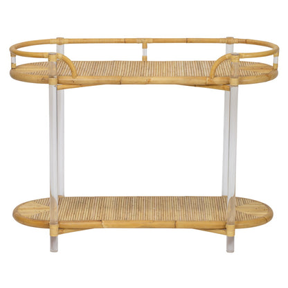 The Selamat Acrylic and Rattan Console combines bamboo, wood, and a curved frame with a hint of Sea Cliff design. It has oval shelves, vertical supports, and refined inlaid rattan details.