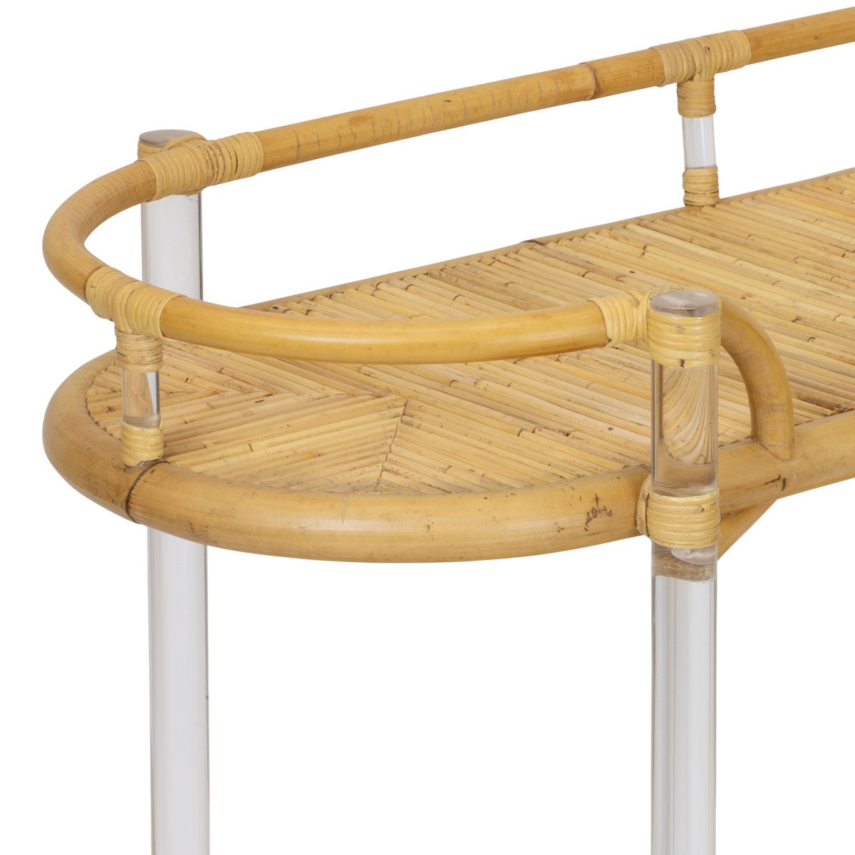 The Selamat Acrylic and Rattan Console exudes Sea Cliff elegance with its inlaid rattan tabletop and side rail supported by four sleek transparent acrylic legs.