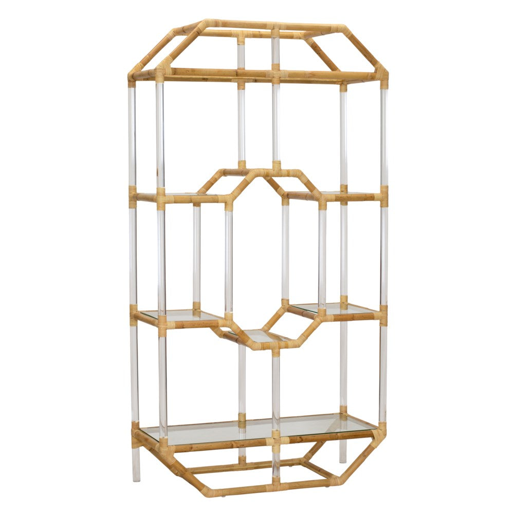 An Acrylic and Rattan Etagere by Selamat with a geometric design, multiple glass shelves, and Sea Cliff-inspired accents blends seamlessly with the acrylic elements.