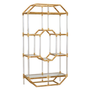 An Acrylic and Rattan Etagere by Selamat with a geometric design, multiple glass shelves, and Sea Cliff-inspired accents blends seamlessly with the acrylic elements.