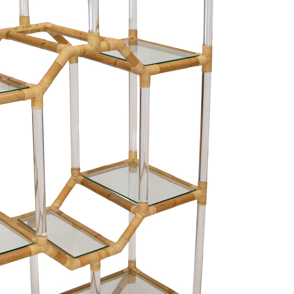 A close-up view of an Acrylic and Rattan Etagere by Selamat composed of bamboo frames and glass shelves, with clear acrylic support rods connecting the sections.