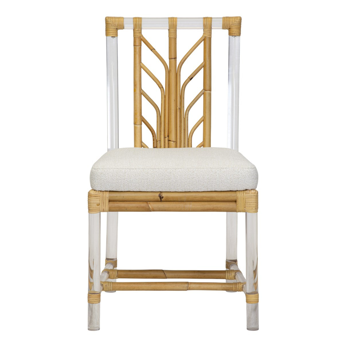 Acrylic and Rattan Side Chair by Selamat with cushioned seat covered in Kravet Crypton Boucle Fabric and bamboo-style backrest, isolated on a white background.