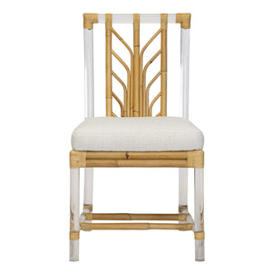 Acrylic and Rattan Side Chair by Selamat with cushioned seat covered in Kravet Crypton Boucle Fabric and bamboo-style backrest, isolated on a white background.