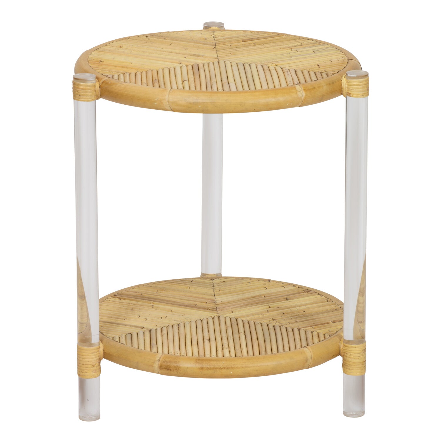 The Selamat Acrylic and Rattan Side Table features a round bamboo top with inlaid rattan, two shelves, and sleek clear cylindrical legs, making it the perfect addition to bring Sea Cliff elegance to any room.