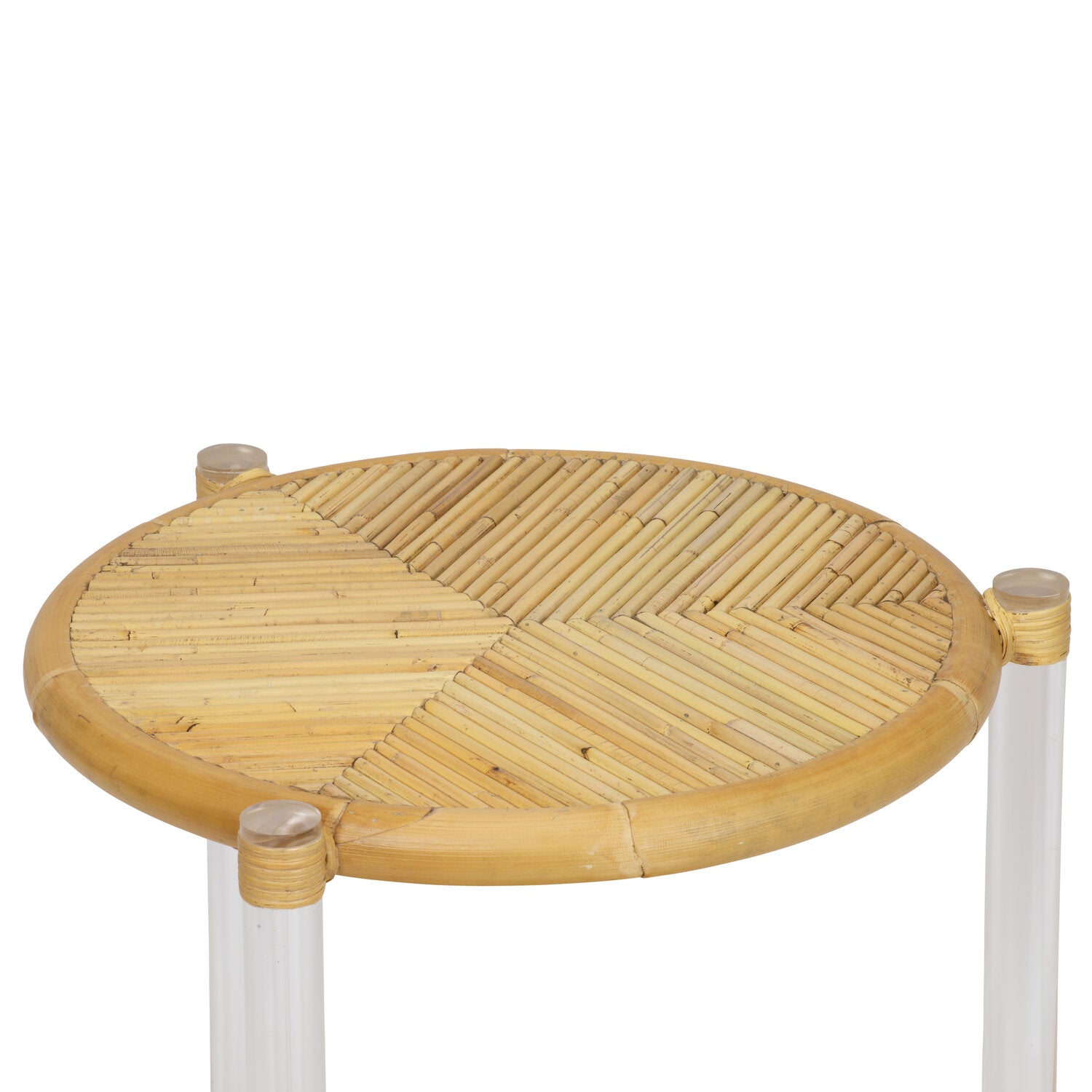 A round Acrylic and Rattan Side Table by Selamat featuring an inlaid rattan and bamboo woven top, supported by sleek white cylindrical legs.