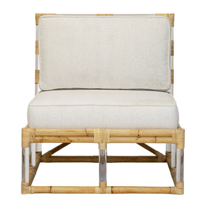 The Sea Cliff Slipper Chair by Selamat features a bamboo frame and is upholstered in white Kravet Crypton Boucle Fabric, showcased from the front and capturing a touch of Sea Cliff inspiration.