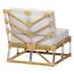 The Sea Cliff Slipper Chair by Selamat is a rattan hand-bent chair with a light beige cushion, showcasing an open lattice backrest design and clear acrylic accents on the frame, inspired by Sea Cliff aesthetics.