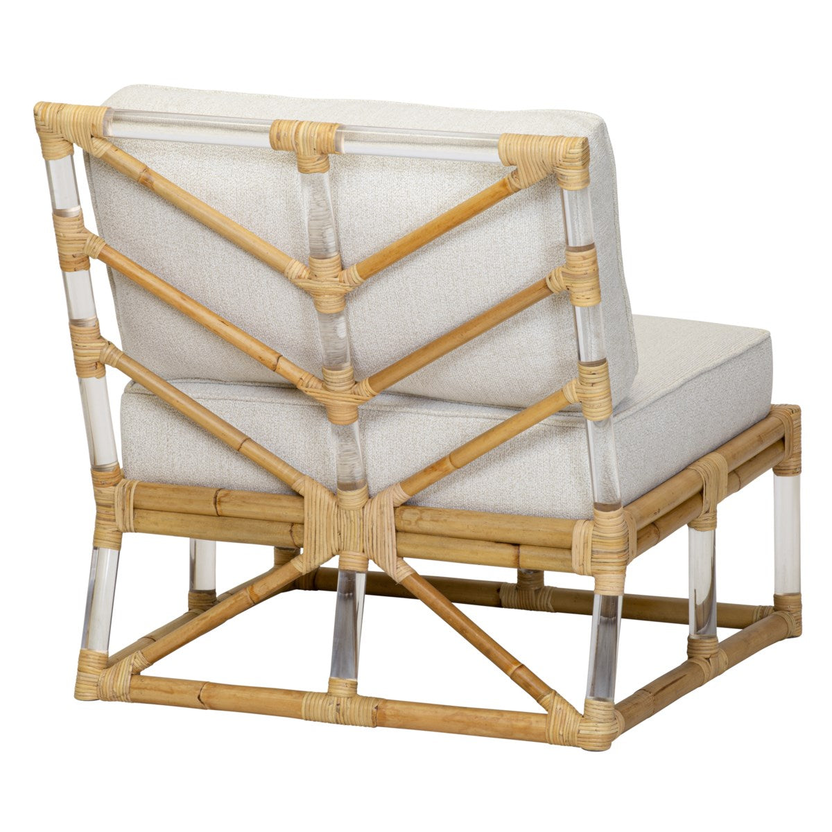 The Sea Cliff Slipper Chair by Selamat is a rattan hand-bent chair with a light beige cushion, showcasing an open lattice backrest design and clear acrylic accents on the frame, inspired by Sea Cliff aesthetics.