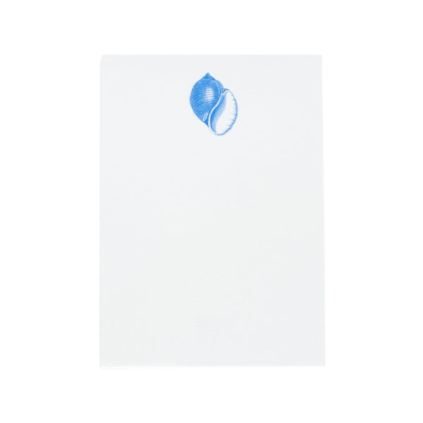 A white sheet of paper with a blue Printery Common Shell Notepad design on it.