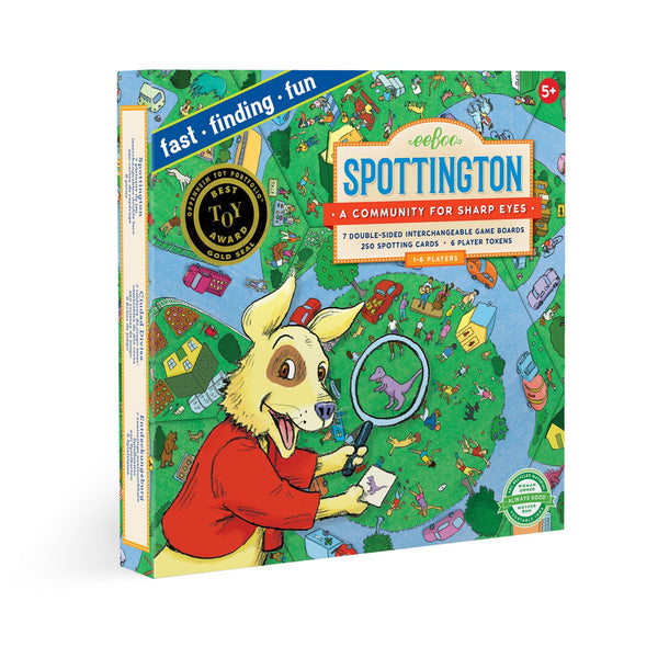 A board game called "Eeboo Spottington" by eeboo, with colorful illustrations and a cartoon llama detective character, designed for ages 5 and up, featuring fast-finding fun.