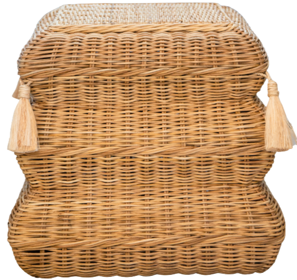 A woven wicker basket with a square shape, featuring three tiers and adorned with tassels on each side. The **Mainly Baskets Home Folly Tassled Stool** dimensions are 14.5" in height, providing ample storage while maintaining an elegant design.