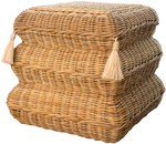 Stack of three nested rectangular wicker baskets with tasseled lids, **Mainly Baskets Home Folly Tassled Stool**, product dimensions are 15.5" and 14.5".