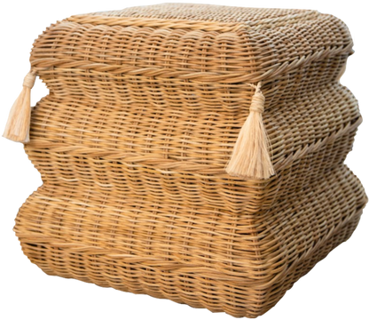 Stack of three nested rectangular wicker baskets with tasseled lids, **Mainly Baskets Home Folly Tassled Stool**, product dimensions are 15.5" and 14.5".