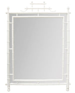 The Turned Bamboo Mirror in White by Carvers' Guild features a square design with a white faux bamboo frame and decorative top, inspired by antique English styles. Ideal for enhancing Arts Collections, shown on a plain white background.
