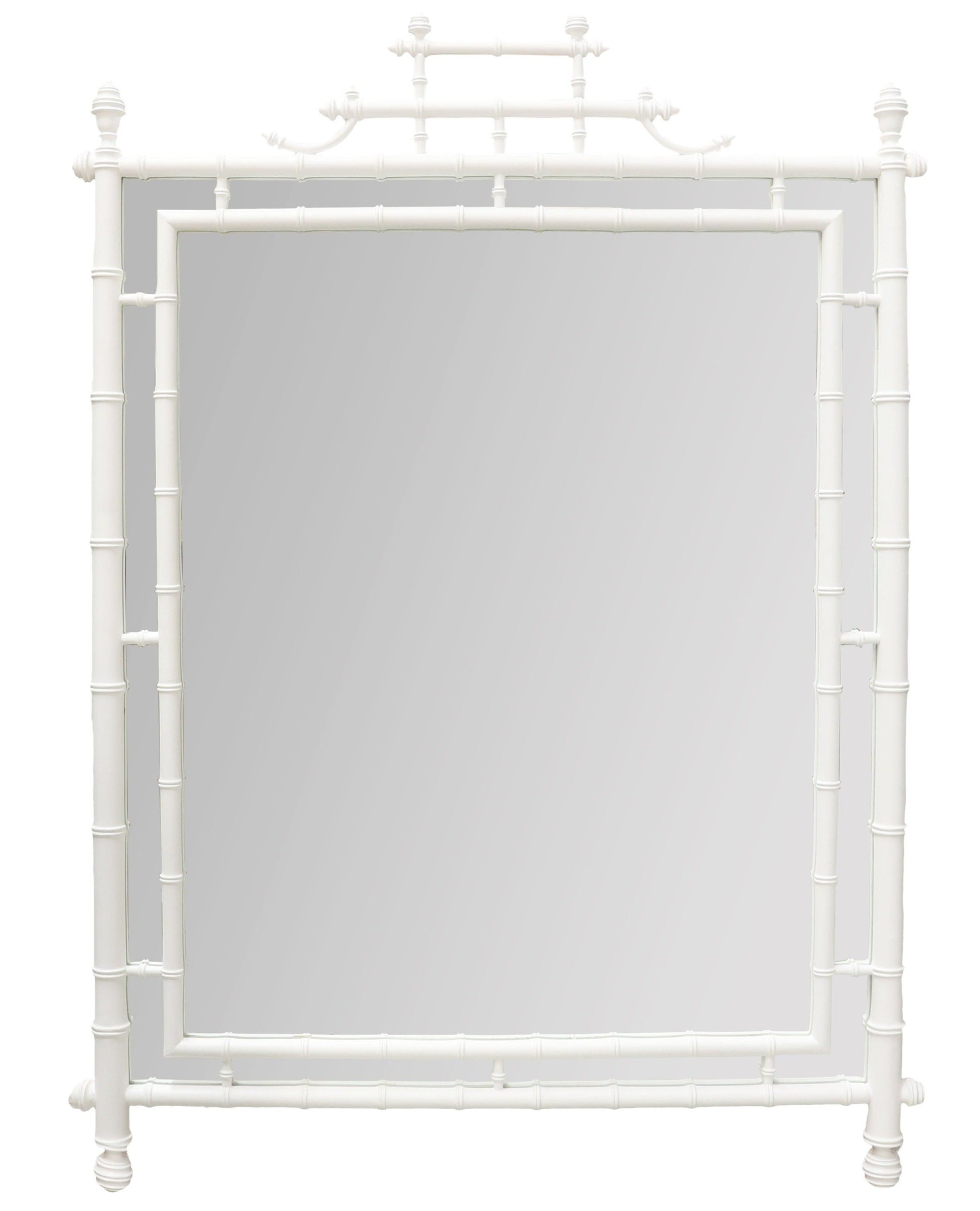 The Turned Bamboo Mirror in White by Carvers' Guild features a square design with a white faux bamboo frame and decorative top, inspired by antique English styles. Ideal for enhancing Arts Collections, shown on a plain white background.