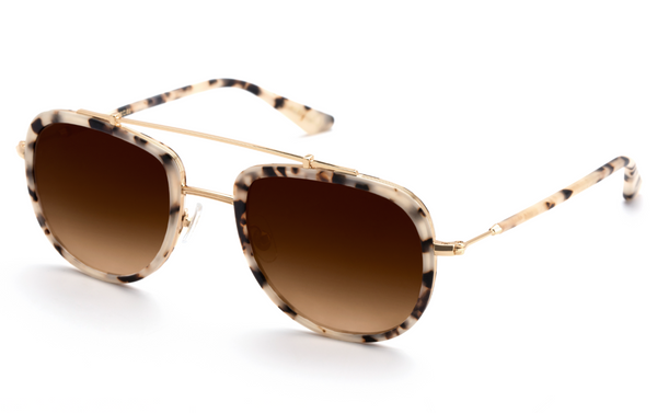 A pair of Krewe Breton Sunglasses with tortoiseshell patterned luxury acetate frames, 24K gold plated hardware, and brown tinted lenses, displayed on a white background.
