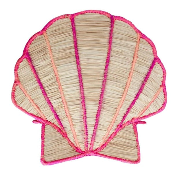 The Shell Flower Vase by Mercedes Salazar is crafted by skilled artisans in Bogotá, featuring a seashell design with pink and orange natural raffia trim.