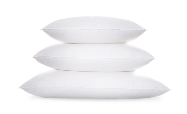 A trio of Matouk Valletto Goose Down Standard Pillows is stacked against a pristine white background.