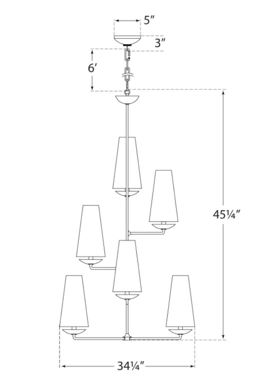 The Fontaine Vertical Chandelier by Visual Comfort features five elegant lampshades and a plaster finish. It measures 45 1/4" in height and 34 1/4" in width, with a 6' chain, a 5" canopy diameter, and a 3" rod. Candelabra sockets add a refined touch.