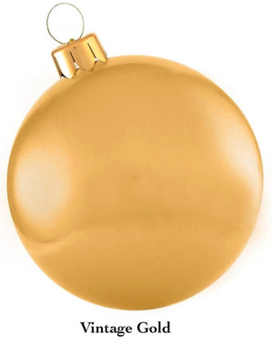 A shiny gold Christmas ornament with a metal cap and hook for hanging, labeled "Vintage Gold," makes an exquisite addition to your holiday decorations. Elevate the festive atmosphere by pairing it with Holiball® Giant Inflatable Ornaments from Holiball for a truly stunning ensemble.