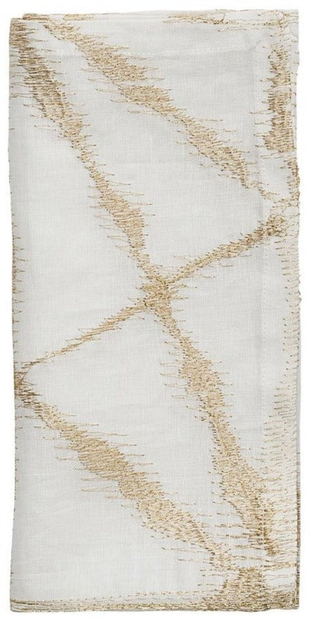 The Luna Napkin Set by Kim Seybert features folded white linen napkins with an abstract gold stitched pattern—ideal for weddings or chic bridal showers.