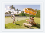 A man with a tennis racket stands by three people at a picnic table with an umbrella. Tennis players are in action, surrounded by palm trees and hedges, capturing the Palm Beach vibe, akin to the Gray Malin Afternoon Tennis Palm Beach print in a white frame (29.5" x 41.5").