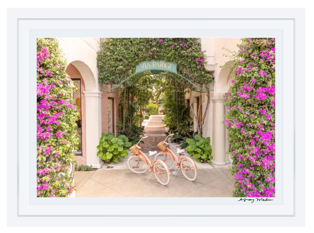 Two pastel bicycles stand under a green “Via Parigi” archway amid lush vines and flowers in Palm Beach, as shown in the Gray Malin Via Parigi Worth Avenue, Palm Beach, 24"x36" White Frame print by Gray Malin.