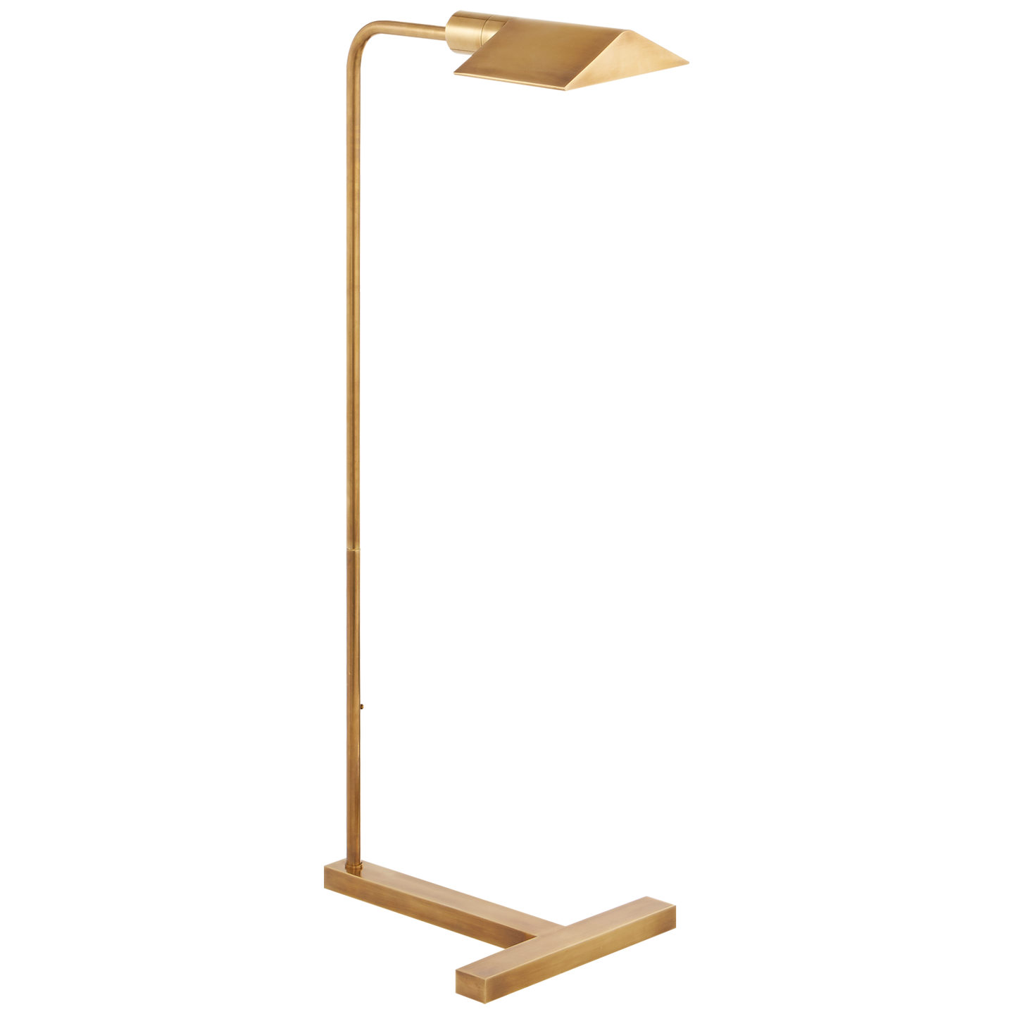 The William Pharmacy Floor Lamp by Visual Comfort is a modern piece featuring a minimalist design with a square-shaped shade and an antique brass finish, adding timeless elegance.