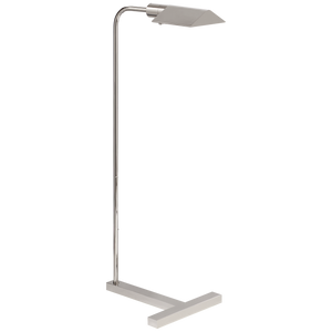 The William Pharmacy Floor Lamp by Visual Comfort boasts a sleek, minimalist design with a polished nickel finish. It features a curved arm, rectangular shade, and adjustable dimmer wattage for perfect lighting ambiance.