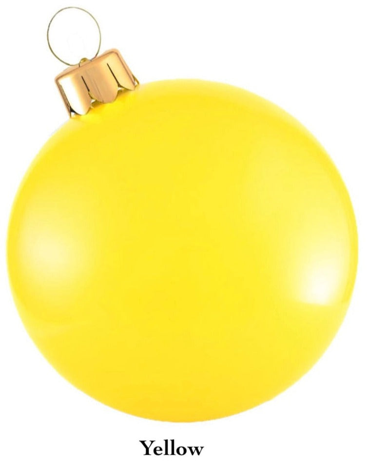 The Holiball Giant Inflatable Ornament, featuring a plain yellow design with a gold cap and hanging loop, is perfect for adding charm to your holiday decorations against a white background.
