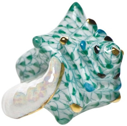 The Herend Small Conch Shell is a ceramic figurine with green and blue hand-painted designs, gold accents, and a pearly white curved detail—ideal for art lovers.